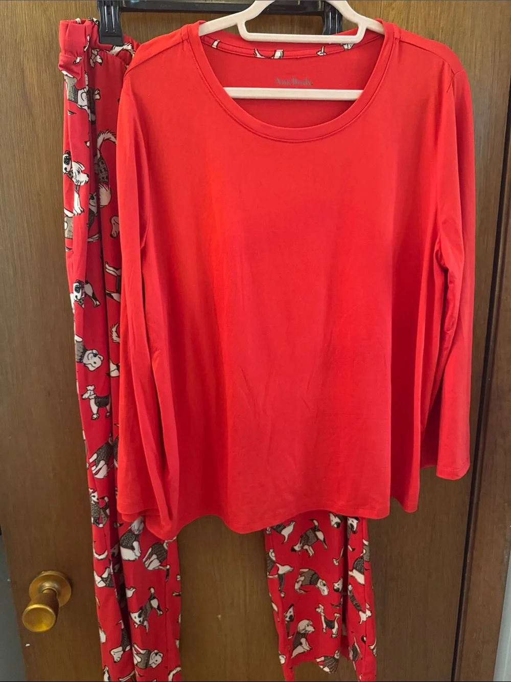 AnyBody Red Long-Sleeve Pajama Top with Dog Printed Red Pants